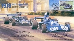 1973b TYRRELL-COSWORTH JPS LOTUS-COSWORTH MONACO F1 cover signed KEN TYRELL
