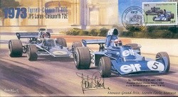 1973c TYRRELL-COSWORTH JPS LOTUS-COSWORTH MONACO F1 cover signed JACKIE STEWART